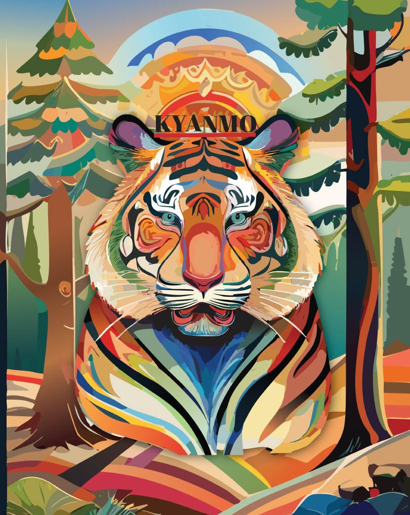 A colorful stylized illustration of a tiger face and upper body, with the word 'KYANMO' above the head, set against a forest background with trees and layered geometric colors.