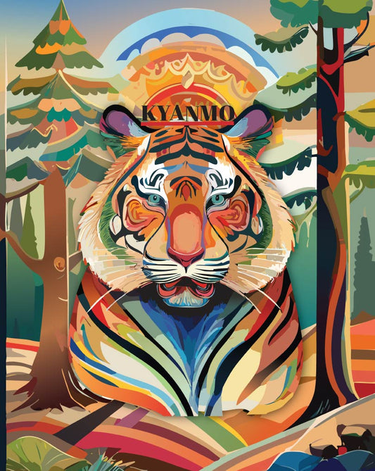 A colorful stylized illustration of a tiger face and upper body, with the word 'KYANMO' above the head, set against a forest background with trees and layered geometric colors.